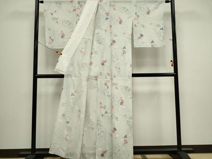 平和屋着物＊夏物　小紋　絽　草花文　銀彩　正絹　逸品　CABI6676ou