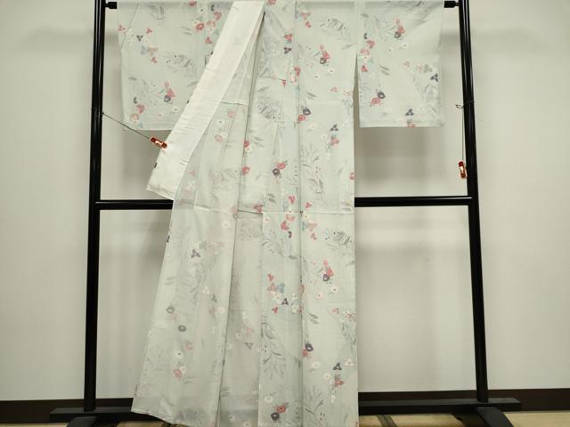 平和屋着物＊夏物　小紋　絽　草花文　銀彩　正絹　逸品　CABI6676ou