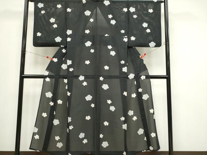 平和屋着物＊夏物　小紋　絽　舞花文　黒地　正絹　逸品　CABI6685ou