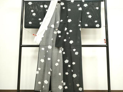 平和屋着物＊夏物　小紋　絽　舞花文　黒地　正絹　逸品　CABI6685ou