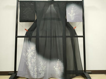 平和屋着物＊夏物　訪問着　絽　草花文　暈し染め　黒地　正絹　逸品　CABI6686ou
