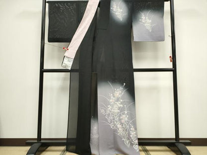 平和屋着物＊夏物　訪問着　絽　草花文　暈し染め　黒地　正絹　逸品　CABI6686ou