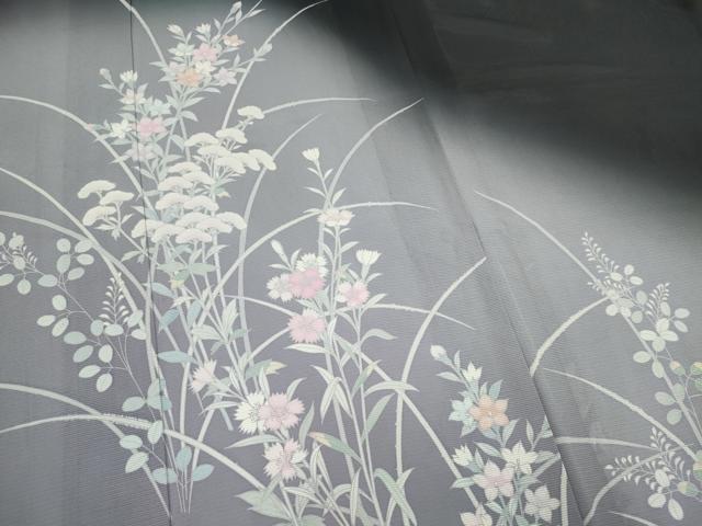 平和屋着物＊夏物　訪問着　絽　草花文　暈し染め　黒地　正絹　逸品　CABI6686ou