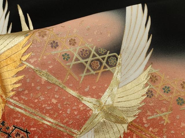 平和屋着物■五代 歌舞伎役者　坂東八十助　黒留袖　作家物　駒刺繍　立波飛鶴文　暈し染め　金彩　正絹　逸品　CABI6704ou