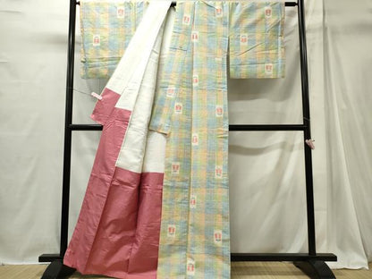 平和屋着物■上質な紬　格子花文　正絹　逸品　CABI6712ou