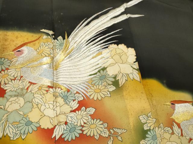 平和屋着物■豪華黒留袖　尾長鳥花文　暈し染め　金彩　正絹　逸品　CABI6716ou