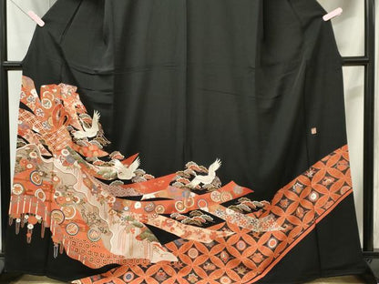 平和屋着物■豪華黒留袖　作家物　駒刺繍　鬘帯飛鶴吉祥花文　金彩　正絹　逸品　CABI6718ou