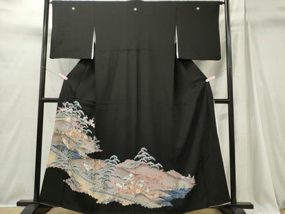 平和屋着物■豪華黒留袖　駒刺繍　群鶴風景文　正絹　逸品　CABI6719ou