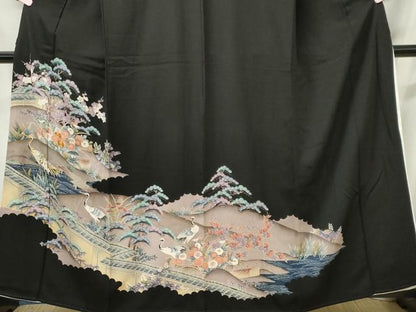 平和屋着物■豪華黒留袖　駒刺繍　群鶴風景文　正絹　逸品　CABI6719ou