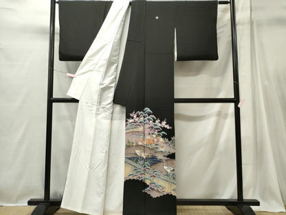 平和屋着物■豪華黒留袖　駒刺繍　群鶴風景文　正絹　逸品　CABI6719ou