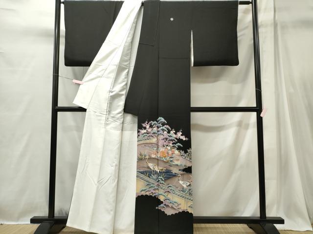 平和屋着物■豪華黒留袖　駒刺繍　群鶴風景文　正絹　逸品　CABI6719ou