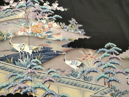 平和屋着物■豪華黒留袖　駒刺繍　群鶴風景文　正絹　逸品　CABI6719ou