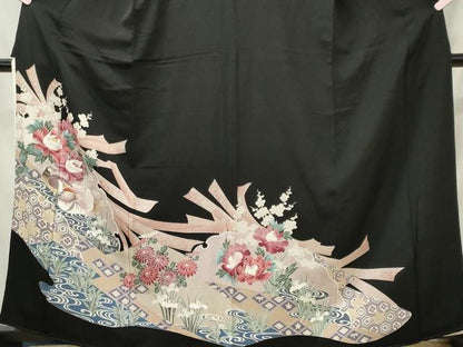 平和屋着物■豪華黒留袖　刺繍　鴛鴦流水花文　金糸　正絹　逸品　CABI6728ou