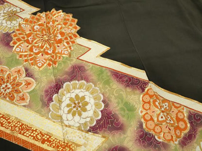 平和屋着物■豪華黒留袖　駒刺繍　吉祥花文　暈し染め　金彩　正絹　逸品　CABI6730ou