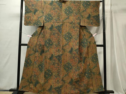 平和屋着物■上質な小紋　切嵌更紗花文　鬼しぼ縮緬　正絹　逸品　CABI6750ou