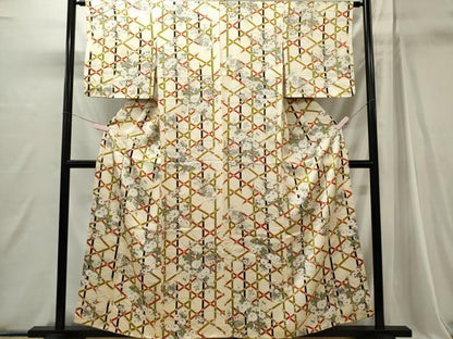 平和屋着物■上質な小紋　格子草花文　正絹　逸品　未使用　CABI6758ou