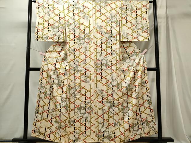 平和屋着物■上質な小紋　格子草花文　正絹　逸品　未使用　CABI6758ou