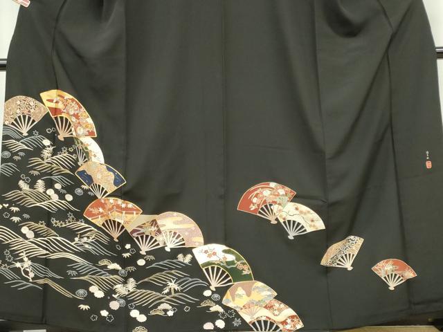平和屋着物■豪華黒留袖　作家物　駒刺繍　立波扇面花文　金彩　正絹　逸品　CABI6785ou