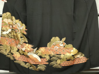 平和屋着物■豪華黒留袖　駒刺繍　立波飛鶴吉祥花文　金銀彩　正絹　逸品　CABI6786ou
