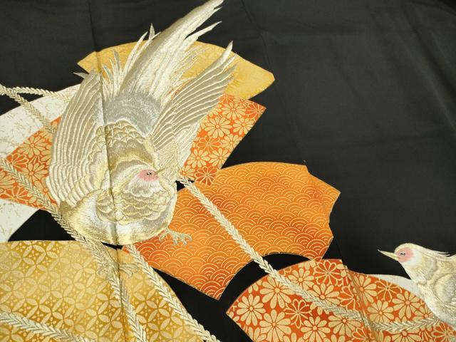 平和屋着物■豪華黒留袖　刺繍　尾長鳥地紙吉祥花文　金彩　正絹　逸品　CABI6787ou