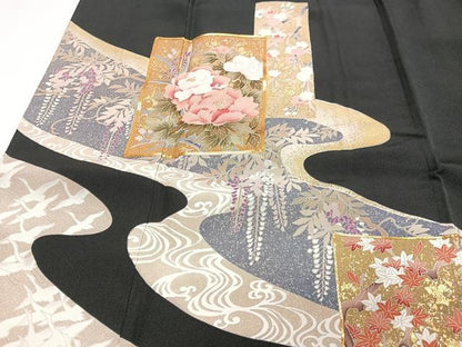 平和屋着物■豪華黒留袖　作家物　駒刺繍　流水色紙草花文　金彩　正絹　逸品　CABI6801xe