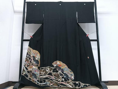 平和屋着物■豪華黒留袖　駒刺繍　扇面花鳥文　金彩　正絹　逸品　CABI6816xe