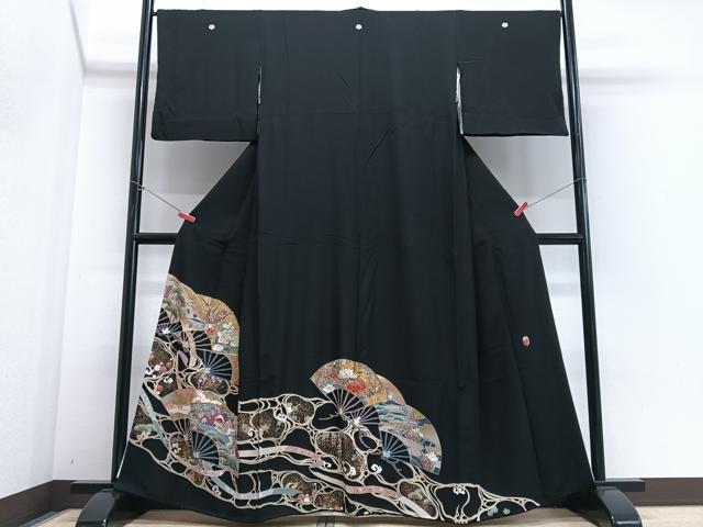平和屋着物■豪華黒留袖　駒刺繍　扇面花鳥文　金彩　正絹　逸品　CABI6816xe