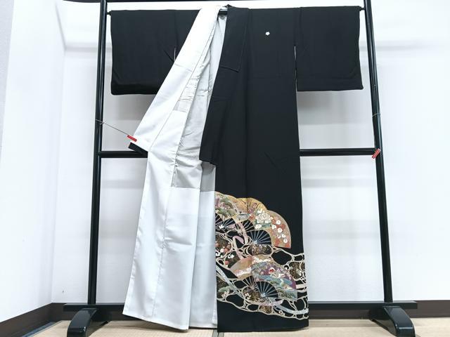 平和屋着物■豪華黒留袖　駒刺繍　扇面花鳥文　金彩　正絹　逸品　CABI6816xe