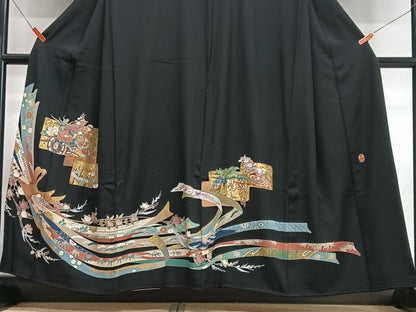 平和屋着物■豪華黒留袖　作家物　束ね熨斗花車文　金彩　正絹　逸品　CABI6818xe