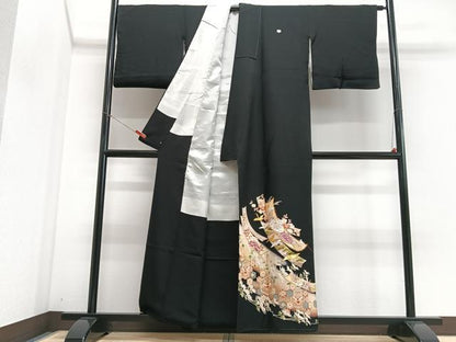 平和屋着物■豪華黒留袖　駒刺繍　短冊花鳥文　暈し染め　金彩　正絹　逸品　CABI6823xe