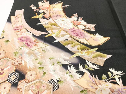 平和屋着物■豪華黒留袖　駒刺繍　短冊花鳥文　暈し染め　金彩　正絹　逸品　CABI6823xe