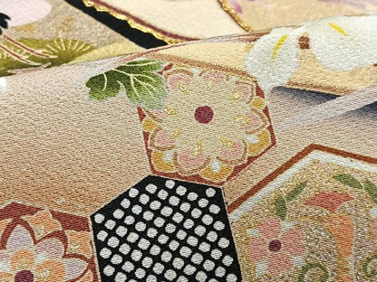平和屋着物■豪華黒留袖　駒刺繍　短冊花鳥文　暈し染め　金彩　正絹　逸品　CABI6823xe