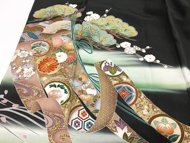 平和屋着物■豪華黒留袖　作家物　駒刺繍　几帳扇面浜松文　暈し染め　金彩　正絹　逸品　CABI6837xe