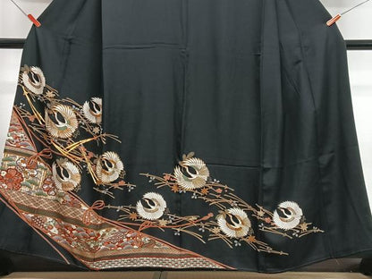 平和屋着物■豪華黒留袖　駒刺繍　飛鶴吉祥花文　金彩　正絹　逸品　CABI6844xe