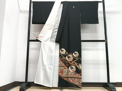 平和屋着物■豪華黒留袖　駒刺繍　飛鶴吉祥花文　金彩　正絹　逸品　CABI6844xe