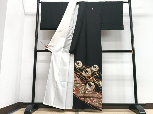 平和屋着物■豪華黒留袖　駒刺繍　飛鶴吉祥花文　金彩　正絹　逸品　CABI6844xe