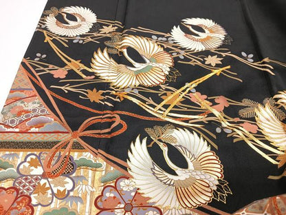 平和屋着物■豪華黒留袖　駒刺繍　飛鶴吉祥花文　金彩　正絹　逸品　CABI6844xe