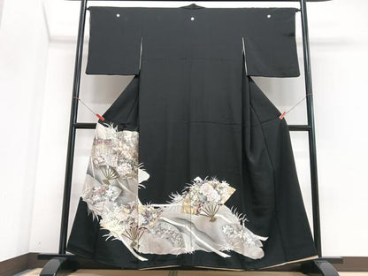 平和屋着物■豪華黒留袖　駒刺繍　扇面花文　金彩　正絹　逸品　CABI6910xe