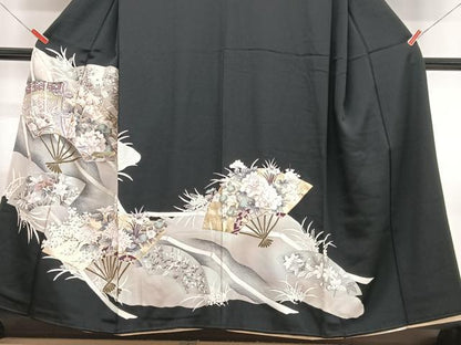 平和屋着物■豪華黒留袖　駒刺繍　扇面花文　金彩　正絹　逸品　CABI6910xe