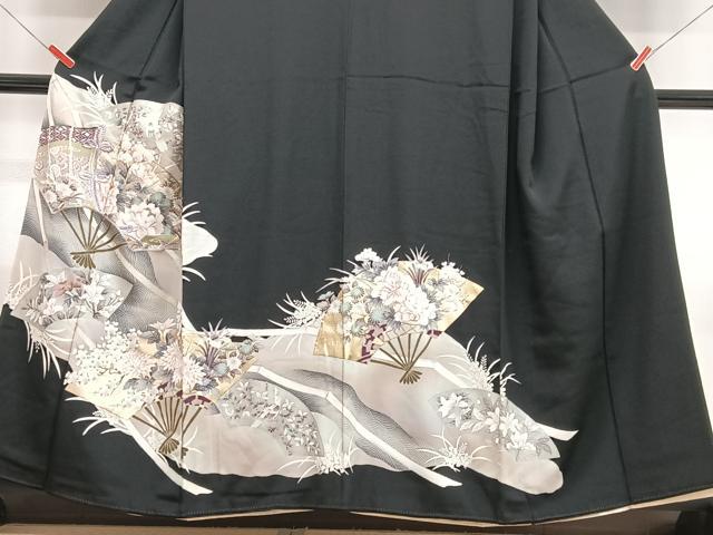 平和屋着物■豪華黒留袖　駒刺繍　扇面花文　金彩　正絹　逸品　CABI6910xe