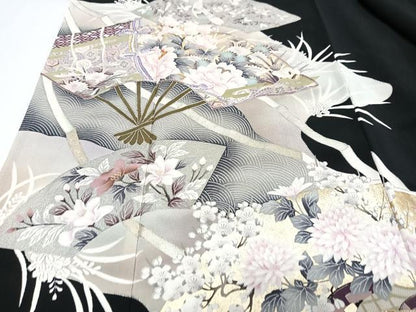 平和屋着物■豪華黒留袖　駒刺繍　扇面花文　金彩　正絹　逸品　CABI6910xe