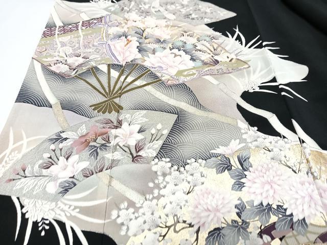 平和屋着物■豪華黒留袖　駒刺繍　扇面花文　金彩　正絹　逸品　CABI6910xe