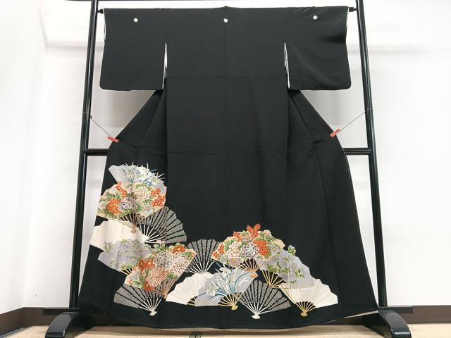 平和屋着物■豪華黒留袖　駒刺繍　扇面花文　金彩　正絹　逸品　CABI7008xe