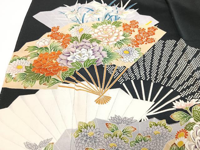 平和屋着物■豪華黒留袖　駒刺繍　扇面花文　金彩　正絹　逸品　CABI7008xe