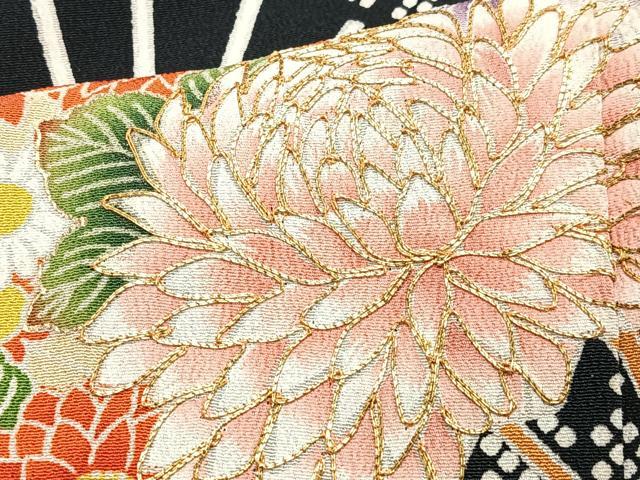平和屋着物■豪華黒留袖　駒刺繍　扇面花文　金彩　正絹　逸品　CABI7008xe