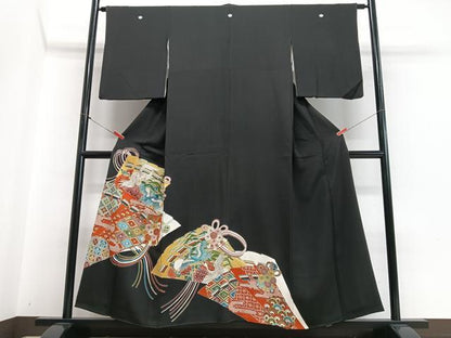 平和屋着物■豪華黒留袖　扇面吉祥花鳥文　金彩　正絹　逸品　CABI7011xe