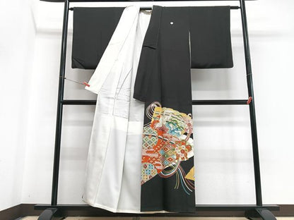 平和屋着物■豪華黒留袖　扇面吉祥花鳥文　金彩　正絹　逸品　CABI7011xe