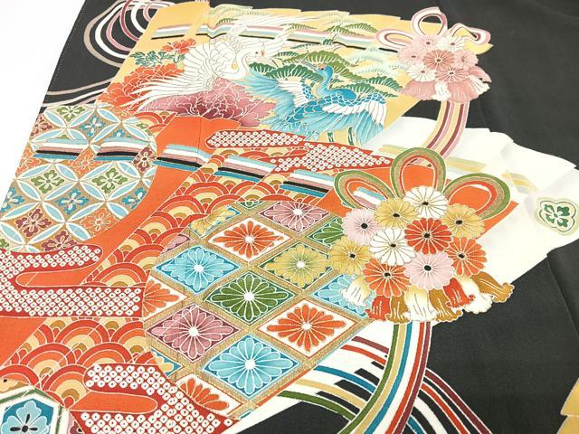平和屋着物■豪華黒留袖　扇面吉祥花鳥文　金彩　正絹　逸品　CABI7011xe