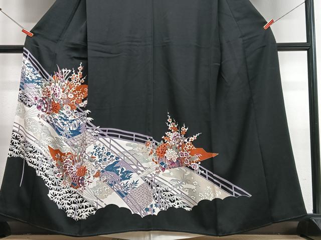 平和屋着物■豪華黒留袖　渡り橋花車文　正絹　逸品　CABI7013xe