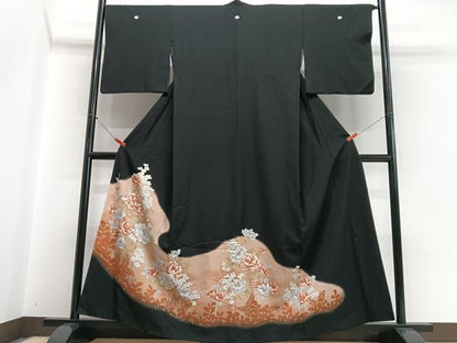 平和屋着物■黒留袖　草花文　暈し染め　金彩　洗える着物　CABI7014xe